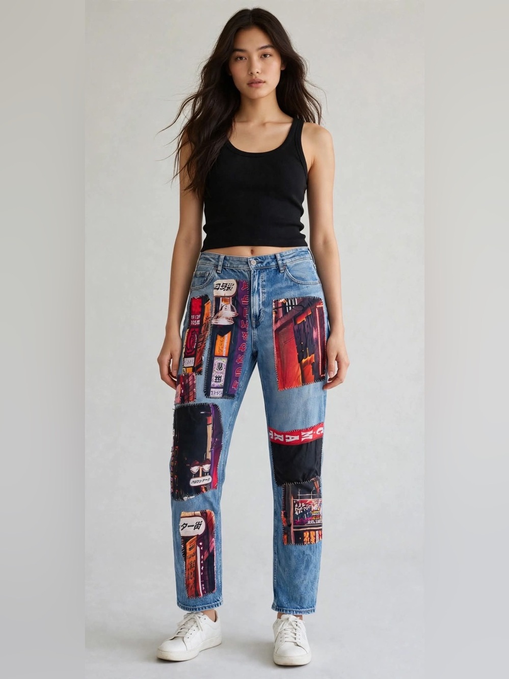 American Eagle upcycled Tokyo Patchwork Jeans cityscape Anime streetwear
